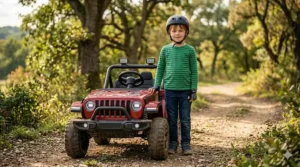 Size comparison chart showing a 24V ride-on toy dimensions relative to the height of an average 8-year-old child.
