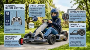 An informational graphic highlighting safety features like parental remote control and seatbelts on ride on toys for big kids.