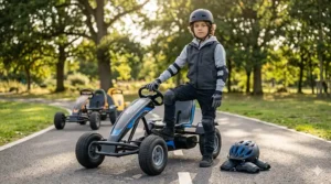 An illustration displaying essential safety gear, including a helmet and pads, next to a high-speed ride-on toy for older kids.