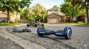 Graphic illustration of a self-balancing hoverboard with glowing LED wheels, perfect for 10 year old riders.