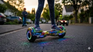 A modern self-balancing hoverboard with glowing LED wheels being ridden by a 9-year-old child.