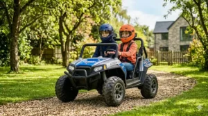 Two older siblings sitting together inside a large 2-seater motorized ride on vehicle.