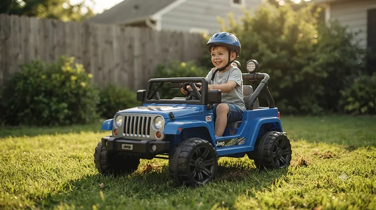 A standard 12V kids jeep navigating flat grass, demonstrating mid-range power options found in a ride on toy voltage guide.
