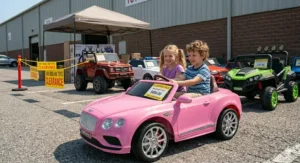 Two kids smiling while driving a 2-seater 24 volt ride on toy vehicle bought on clearance.