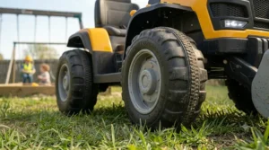 Close-up illustration of the rugged, treaded rubber tires on a 24 volt ride on construction toy designed for grass and dirt.