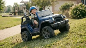 Kids electric truck driving uphill powered by a heavy duty 24v battery for ride on toys.