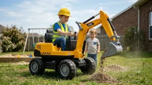 An illustration of a kids 24 volt ride on construction excavator toy featuring a fully functional front shovel digging in a sandbox.