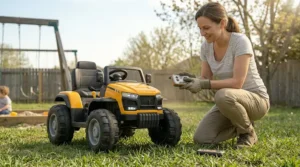 A parent holding a wireless remote control next to a 24 volt ride on construction toy bulldozer for safety.