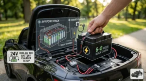 Close-up illustration of the powerful 24v rechargeable battery pack inside a kids ride on vehicle.