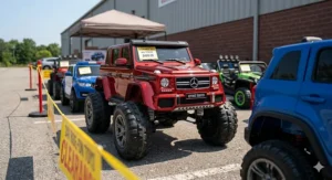 Two-seater 24 volt ride on truck with large off-road wheels on sale during a clearance event.