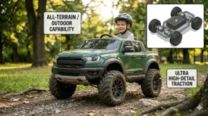 An all-terrain 24v ride on truck with remote driving over rough grass and dirt paths.