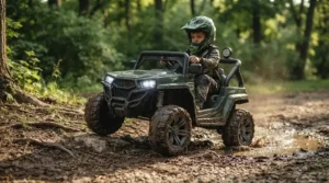 A high-power 24V ride on UTV buggy tackling rough backyard terrain, featured in a ride on toy voltage guide for older children.