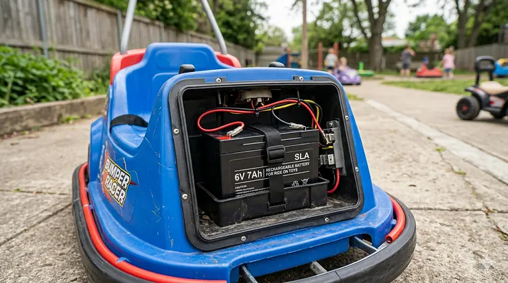 Rechargeable 6v battery for ride on toys installed in a kids electric bumper car.