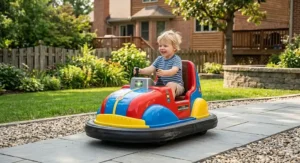 Colorful 6V ride-on bumper car toy with a protective rubber edge and dual joystick controls for indoor play.
