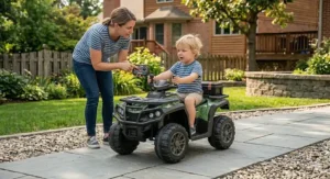 Graphic detailing a parental remote control overriding a 6V ride-on toy truck for enhanced toddler safety.