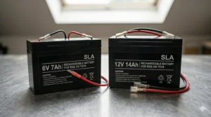 Side by side comparison diagram of a 6v battery and a 12v battery for kids motorized vehicles.