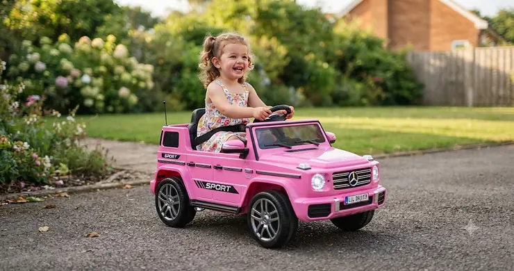 A young child driving a pink electric ride on toy car outdoors on a driveway.