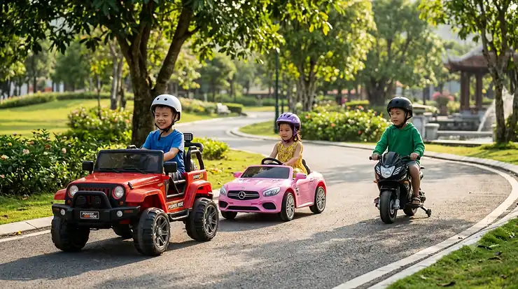 A group of smiling children riding colorful motorized ride on toys in a sunny backyard park.