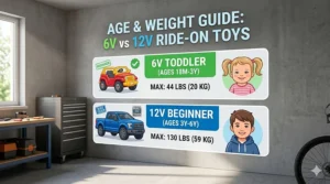 Age recommendation chart showing when to buy a 6V vs 12V ride on toy for young beginners.