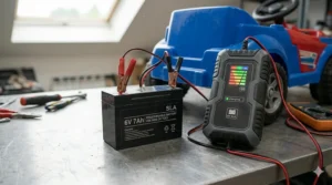 A 6v battery replacement for power wheels plugged into a wall outlet charger with an LED indicator light.