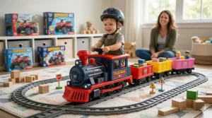 Battery powered 6V electric kids ride on train motorized toy set up on plastic tracks inside a children playroom.