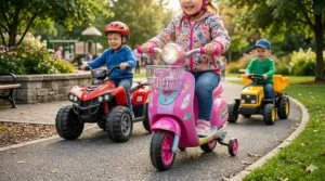 Budget-friendly three-wheel kids electric motorcycle powered by a 6 volt battery on a paved driveway.