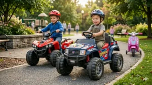A child smiling while driving a cheap 6v ride on toys cartoon character themed quad bike in a grassy backyard.