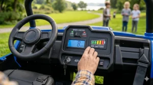 Illustration of the cockpit dashboard showing the key switch, high-low speed controls, and battery life indicator on a 48v ride on toy vehicle.