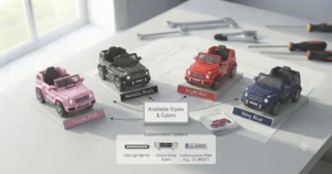 A multi-car graphic showcasing a collection of electric ride on toy car models in red, black, and blue styles.