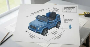 A technical illustration showing the length, width, and weight capacity specifications of an electric ride on toy car.