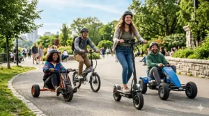 A sleek, matte black electric scooter designed as premium ride on toys for adults commuting in a modern urban environment.