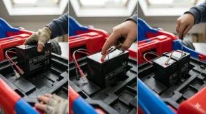 Close up view of connecting the wires to a new 6v battery inside a kids ride on toy car compartment.