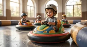 Illustration of a child spinning safely in a circular indoor motorized ride on toy bumper car.
