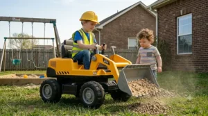A child operating a 24 volt ride on construction front loader toy with a moveable lifting arm.