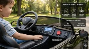 The detailed interior dashboard of a kids 24v ride on car showing the steering wheel, power buttons, and media player.