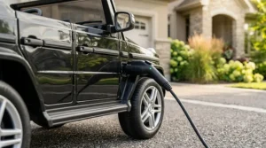 A young child driving a highly realistic electric ride on car through grass in a spacious backyard with natural lighting.