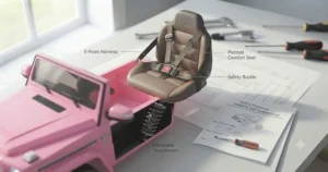 An illustration highlighting the adjustable safety seatbelt and spring suspension system on an electric ride on toy car.