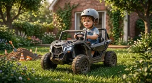 A photorealistic illustration of a child wearing a helmet driving a rugged, battery-powered off-road electric truck over lush green backyard grass.