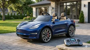A sleek, luxury sports car styled 24v battery powered ride on toy with remote parked on a driveway.