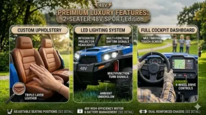 Stylized illustration of a premium two-seater 48v ride on toys sports car featuring leather seats and functional LED headlights.