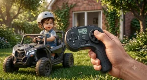 A detailed, photorealistic close-up illustration of a parent's hand holding and operating a specific wireless remote control for a child's motorized ride-on toy UTV.