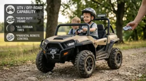 A rugged off-road style UTV 24v ride on buggy equipped with oversized wheels and parental remote control.