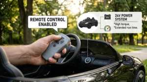A parent holding a wireless remote control while supervising their toddler in a 24v ride on toy car.