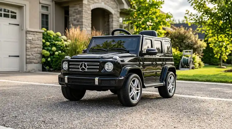 A realistic electric ride on cars model styled after a luxury SUV parked on a sunny suburban driveway.