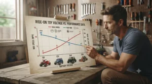 A graphical comparison chart mapping ride on toy voltage variations against average speed limits and battery runtimes.