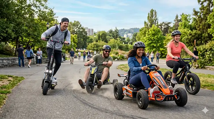 Adults riding motorized toys including an electric scooter and a go-kart in a park. ride on toys for adults