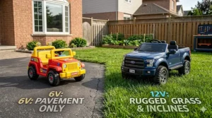 A comparison of 6v vs 12v ride on toys driving on grass versus smooth pavement for beginner riders.
