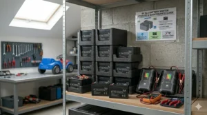 Rechargeable 6v batteries neatly stored in a cool dry garage shelving unit for winter maintenance.