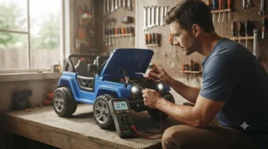 A digital multimeter testing a kids electric car battery to check voltage health, supporting a comprehensive ride on toy voltage guide.