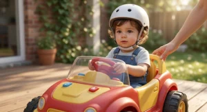 A young toddler wearing a helmet while driving a slow-speed motorized ride on toy car with parent supervision.